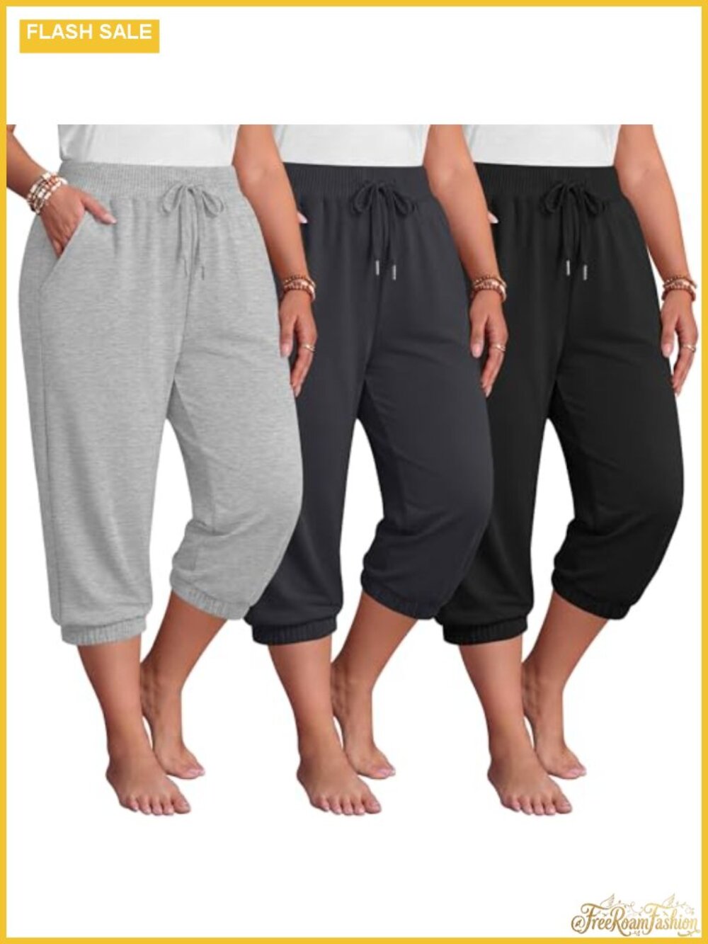 Women's Plus Size Capri Joggers 3 Pack Lightweight Stretch Sweatpants
